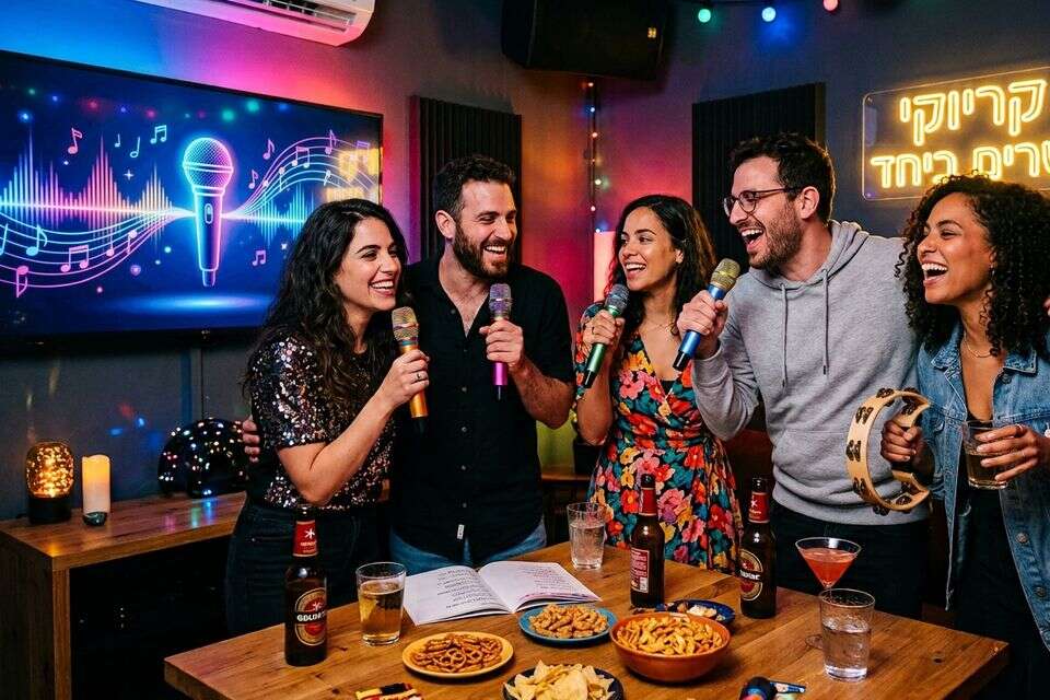 לא רק מנגל ודחיפות בתור. ישראלים חוגגים בקריוקי (אילוסטרציה) , נוצר על די AI, ג'ימיני