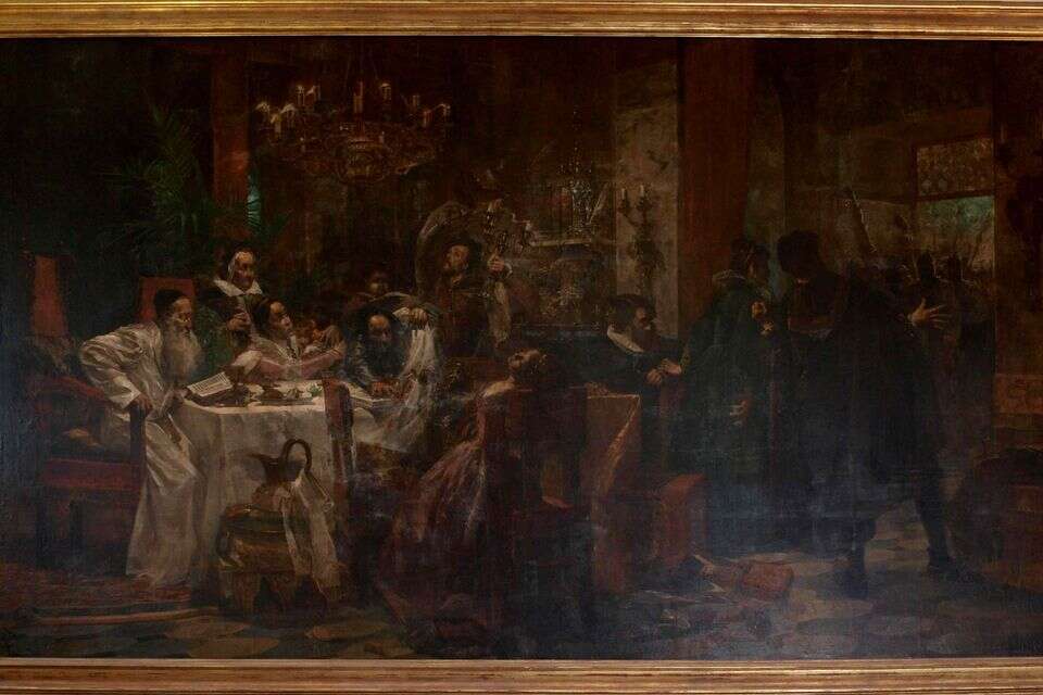 "הנבואה הזאת עצומה היא מאוד" (אברבנאל. ראה במאמר). "האנוסים" (1893) מאת הצייר היהודי-רוסי משה מיימון (Maimon), מחלוצי האמנים היהודים באקדמיה לאמנויות בסנקט פטרבורג. מיימון הקדיש שנתיים למחקר היסטורי על יהודי ספרד ועל הריהוט, הלבוש והאווירה של ספרד במאה ה-15, כדי לצייר משפחת אנוסים העורכת ליל הסדר במרתף חשוך, בעוד חיילי האינקוויזיציה פורצים פנימה , מתוך ויקיפדיה