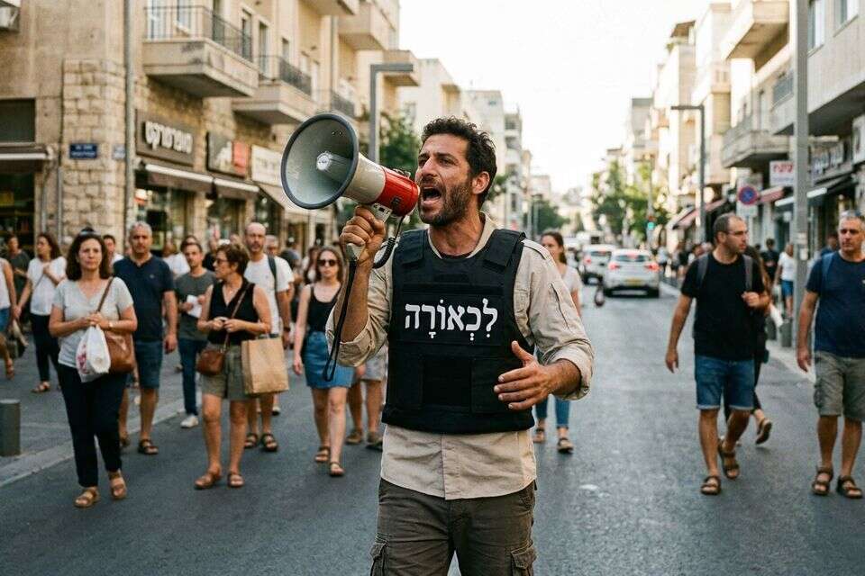 גבר לבוש שכפ"צ עם המילה "לכאורה" צועק בעזרת מגאפון ברחוב , נוצר באמצעות Gemini
