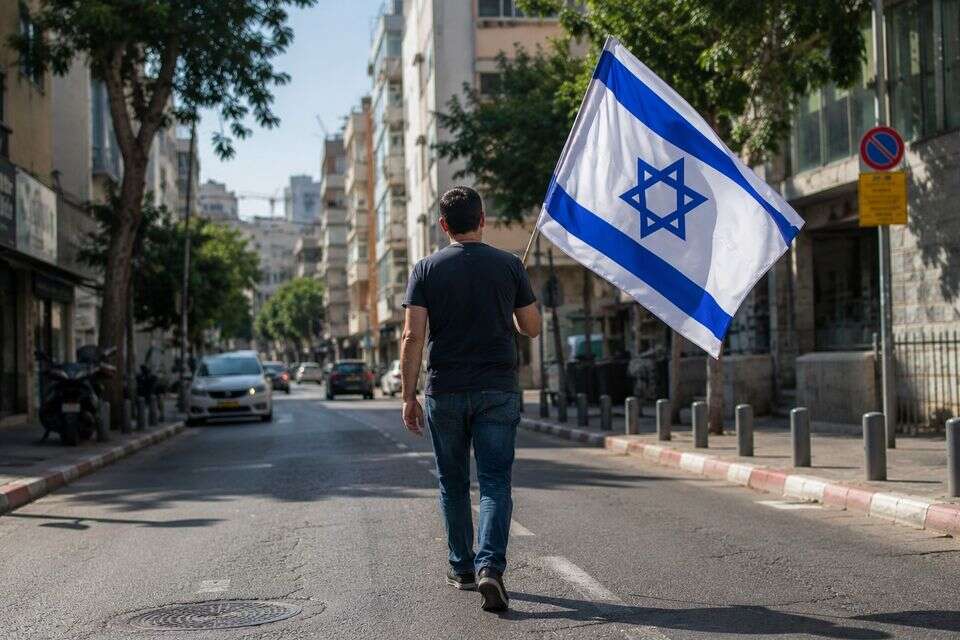 אדם הולך עם דגל ישראל ברחוב , נעשה בבינה מלאכותית
