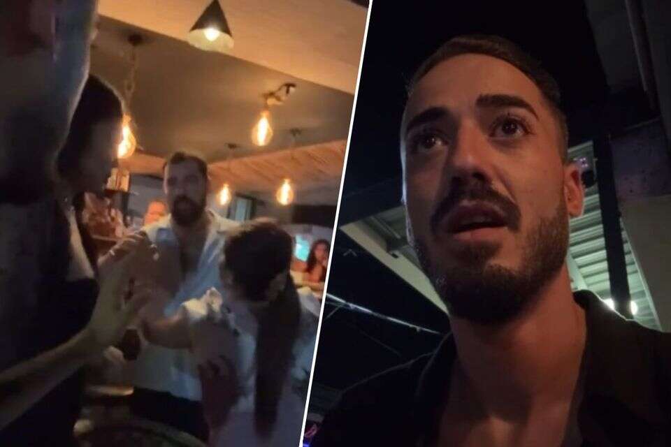 "התנפלו עליי". מימין אופק, משמאל עובדי הבר בקוסמוי , אופק אדרי