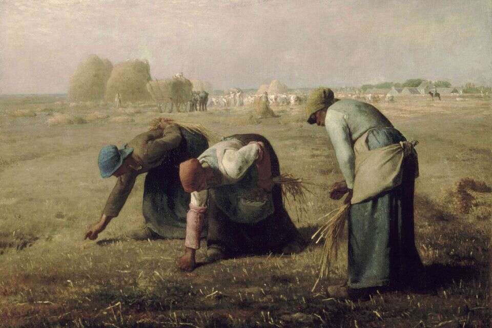 "וכיפר אדמתו עמו". ז'אן פרנסואה מילה (Millet), "המלקטות", פריז 1857. אחת היצירות הבולטות בזרם הנטורליזם ששאף לתיאור מציאותי ביותר של הטבע. שלוש המלקטות הלבושות בשמלות מבד גס ועל ראשן כיסוי ראש, עוררו סערה בשל מה שראו כ"האדרת" המעמד הנמוך. אחד המבקרים אף טען שזה מזכיר את גרדומי המהפכה של 1793 , מתוך ויקיפדיה