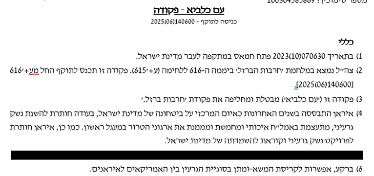 הפקודה על תקיפה באיראן. "עם כלביא" , דובר צה"ל