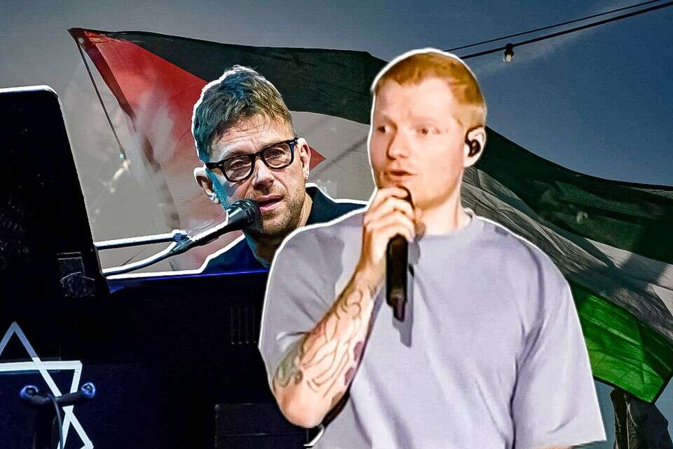 אד שירן ודיימון אלברן על רקע דגל פלסטין (קולאז') , רויטרס (שירן), גטי אימג'ס (אלברן), AFP (דגל פלסטין)