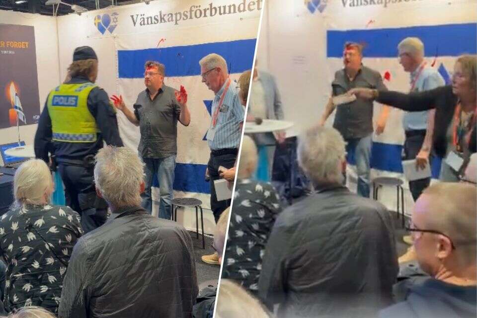 פעיל פרו פלשתיני משחית את דגל ישראל ביריד הספרים בשבדיה , צילום מסך