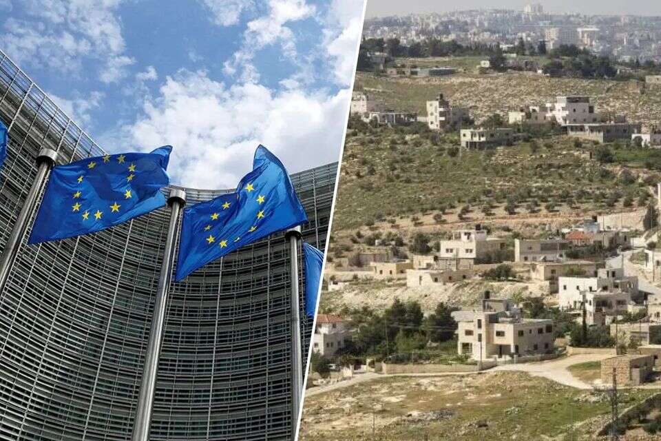 איסור העברת מוצרים מיו"ש? זו רק ההתחלה. יהודה ושומרון לצד דגלי האיחוד האירופי (ארכיון) , ויקימדיה, רויטרס