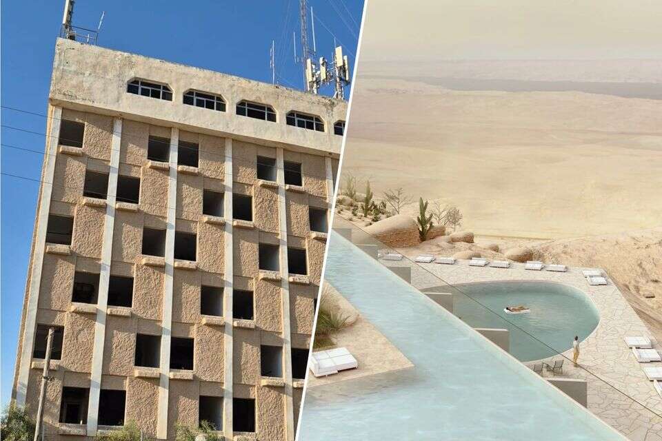 מימין: הדמיה של ריזורט "מדבר" שלא הוקם, משמאל מלון מרגוע הנטוש , 