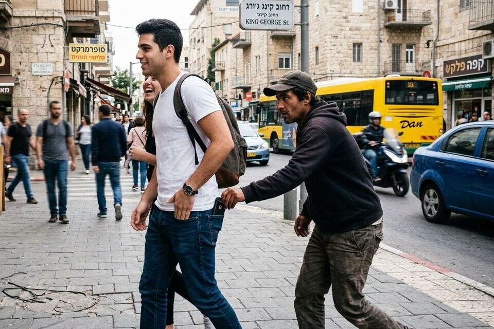 כייס גונב אייפון מכיס של גבר ברחוב ישראלי , נוצר באמצעות Gemini