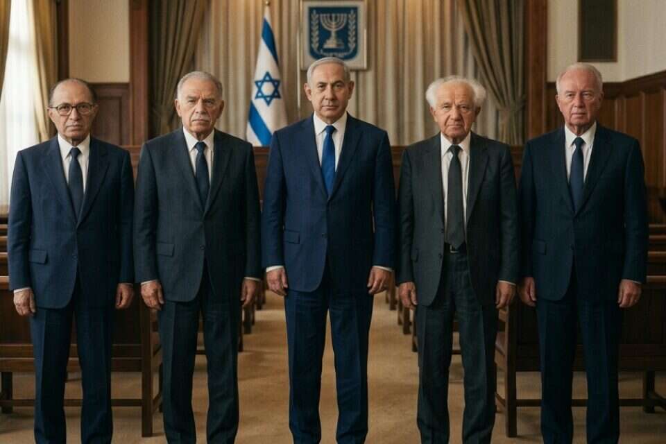 ראשי הממשלה הישראלים המובילים באורך כהונות (מימין לשמאל): רבין, בן-גוריון, נתניהו, שמיר, בגין , נוצר באמצעות Gemini