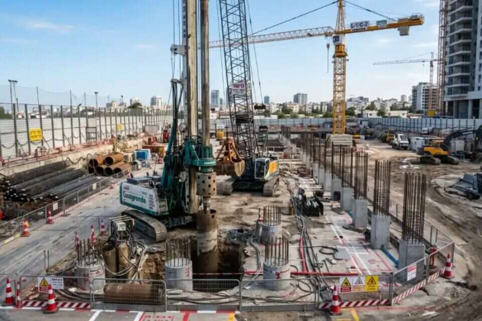 קידוחי כלונסאות באתר בנייה עירוני ,