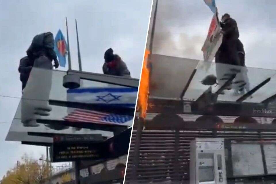320,000 מפגינים ברחבי צרפת, מפגינים שורפים את דגל ישראל בליון ,